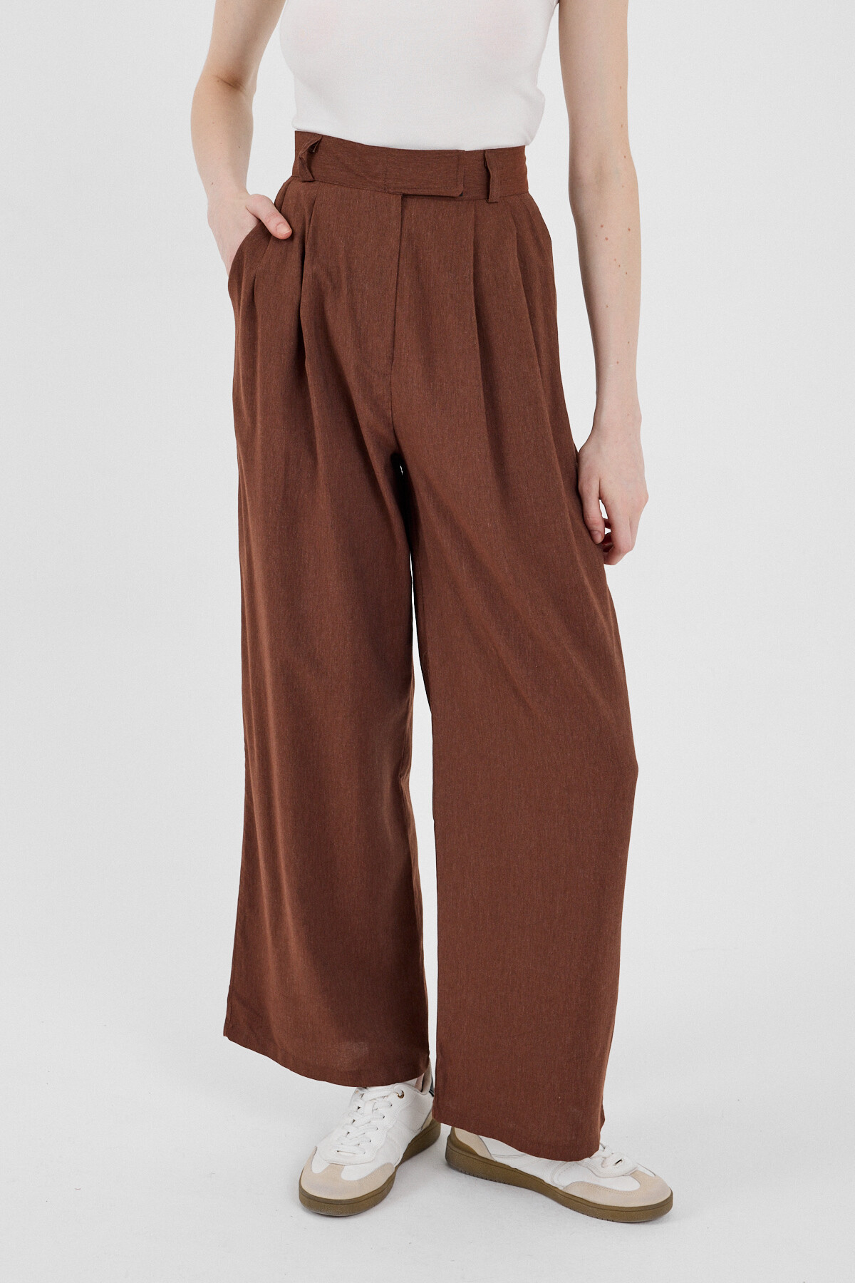 Kahve Yüksek Bel Cırt Kapama Detaylı Pamuklu Palazzo Pantolon 8062A - RAYS