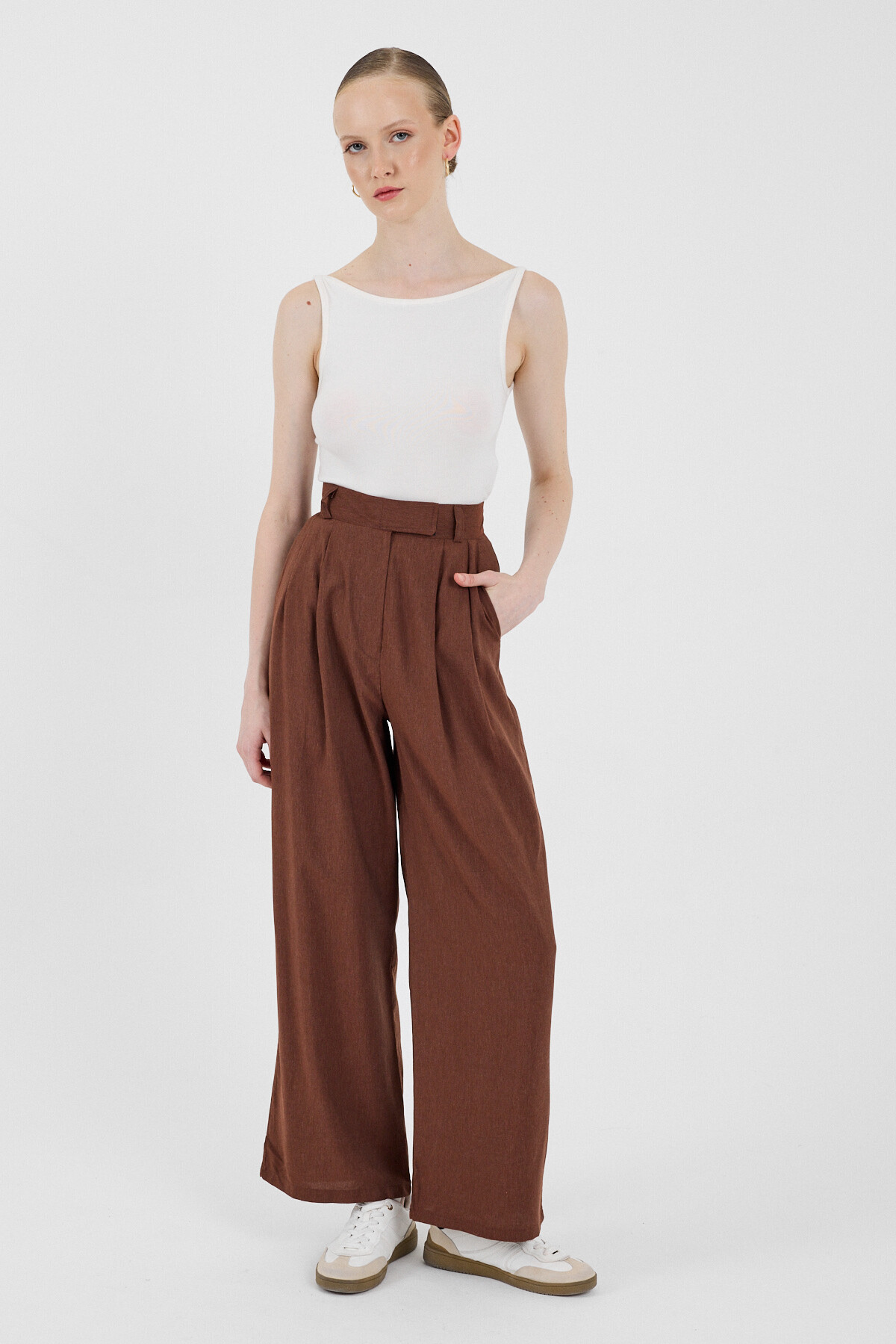 Kahve Yüksek Bel Cırt Kapama Detaylı Pamuklu Palazzo Pantolon 8062A - RAYS