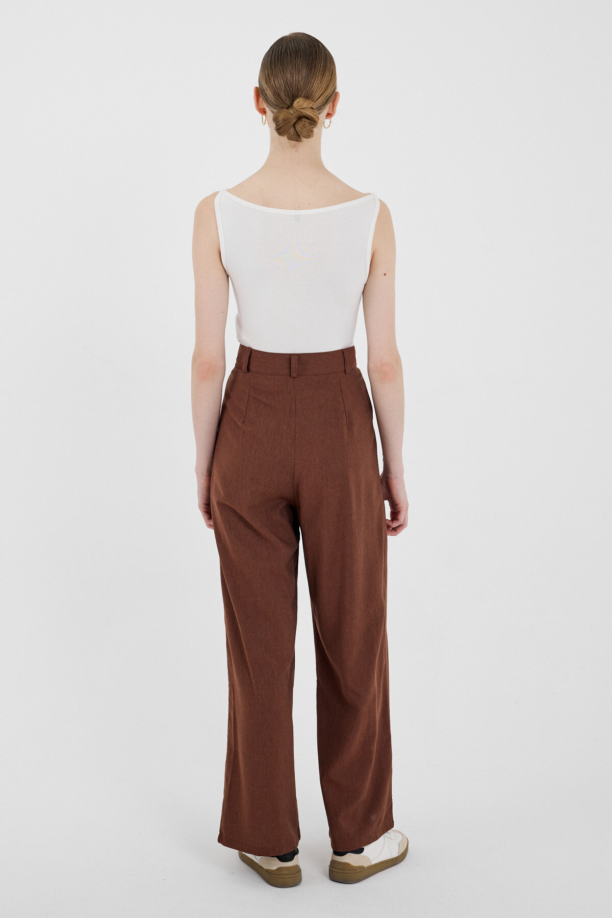 Kahve Yüksek Bel Cırt Kapama Detaylı Pamuklu Palazzo Pantolon 8062A - 5
