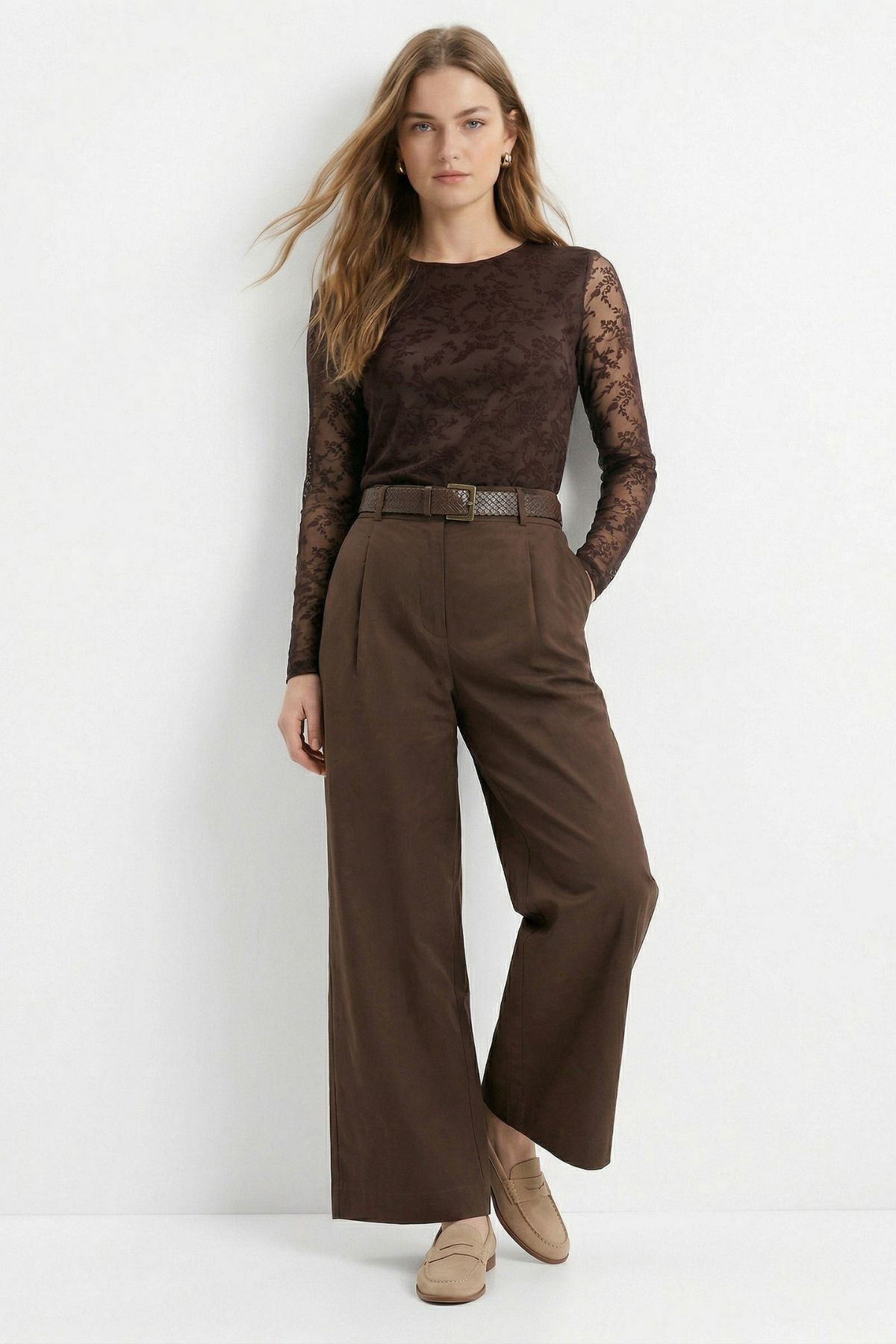 Kahve Yüksek Bel Kemerli Pileli Pantolon 3918 - 1