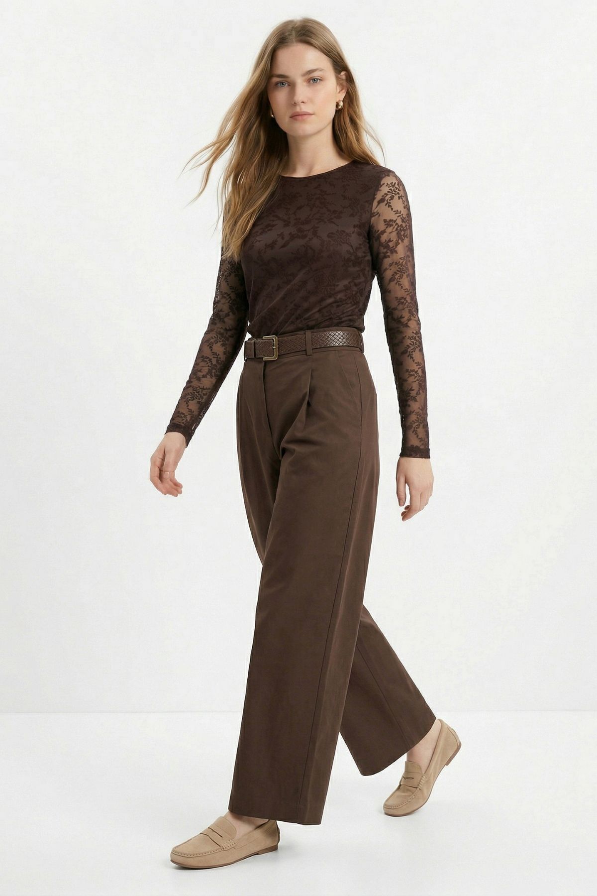 Kahve Yüksek Bel Kemerli Pileli Pantolon 3918 - 2