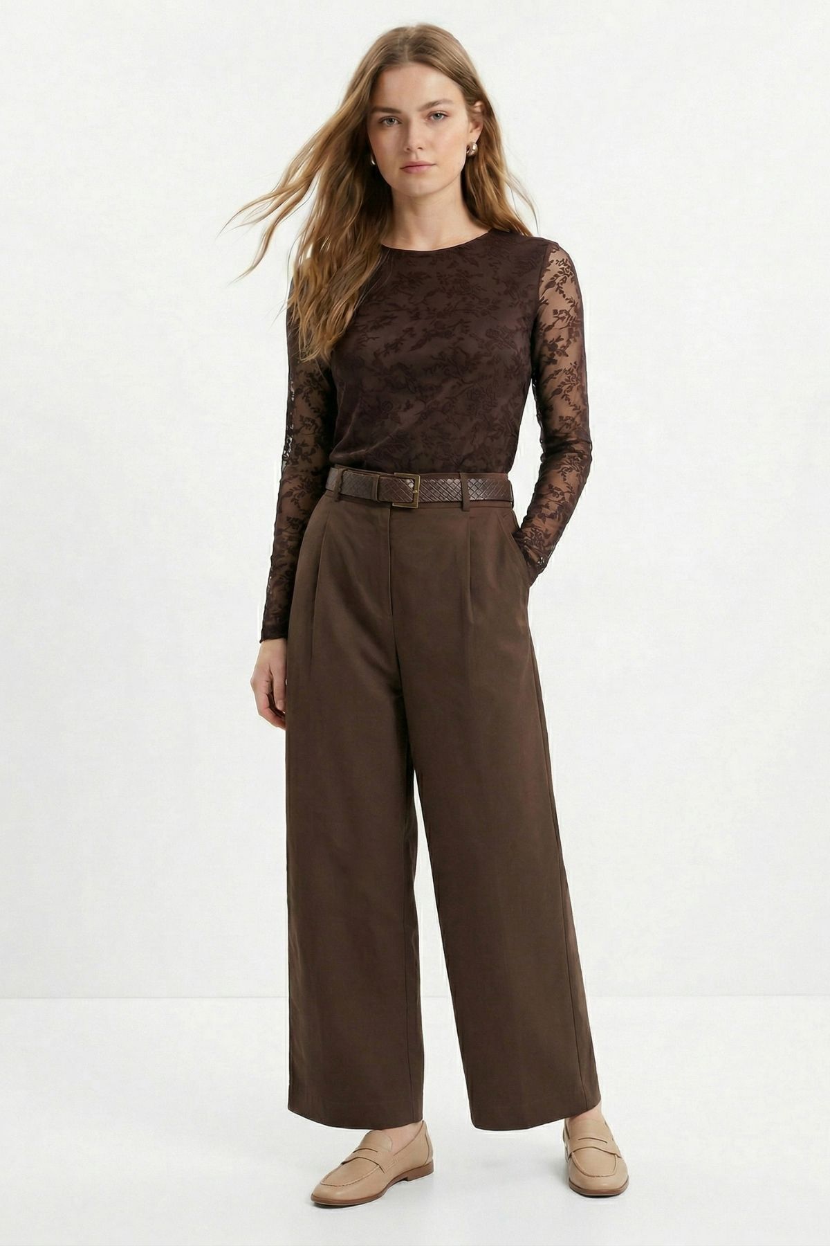 Kahve Yüksek Bel Kemerli Pileli Pantolon 3918 - RAYS