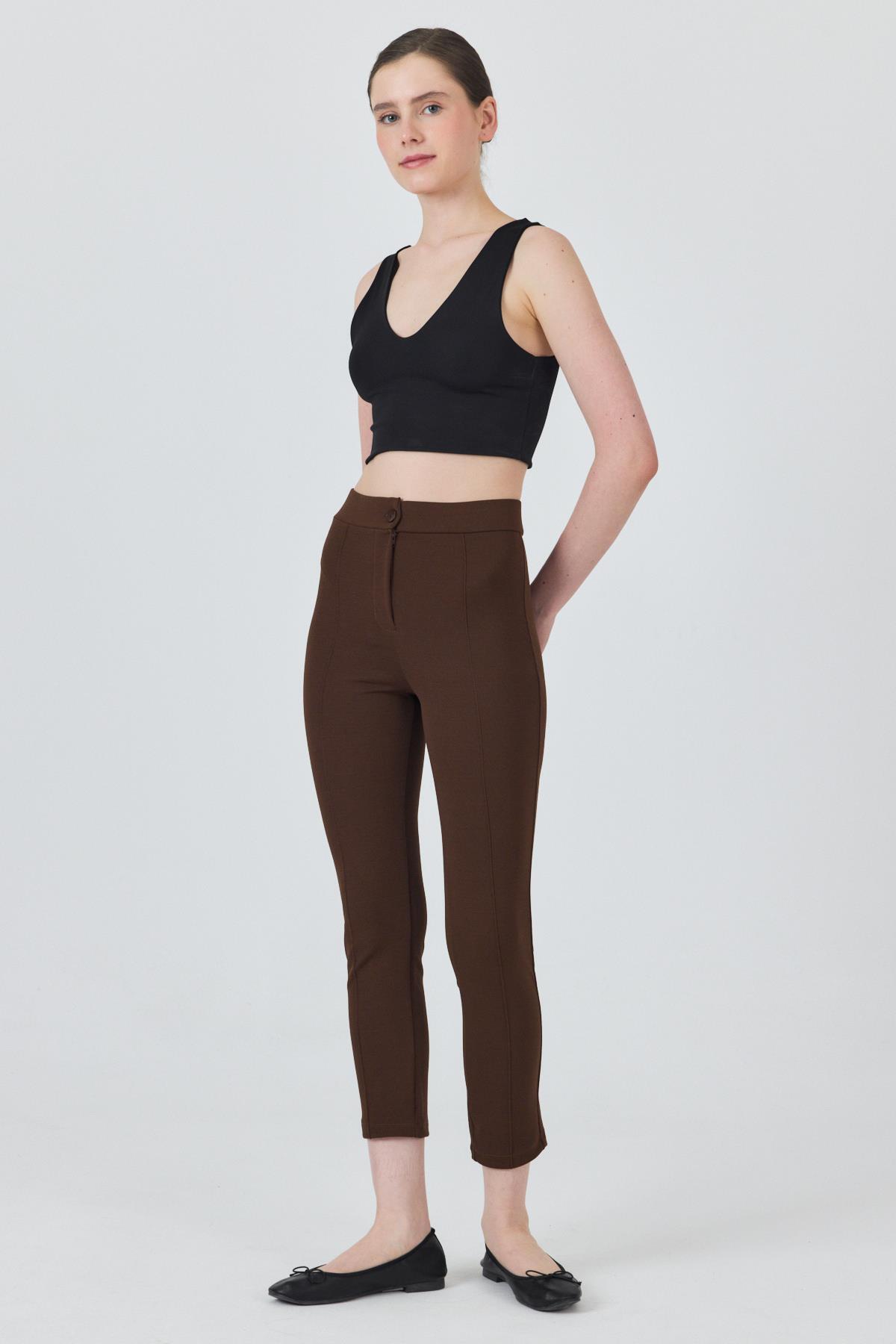 Kahve Yüksek Bel Nervür Dikiş Detaylı Tayt Pantolon 6875A - RAYS