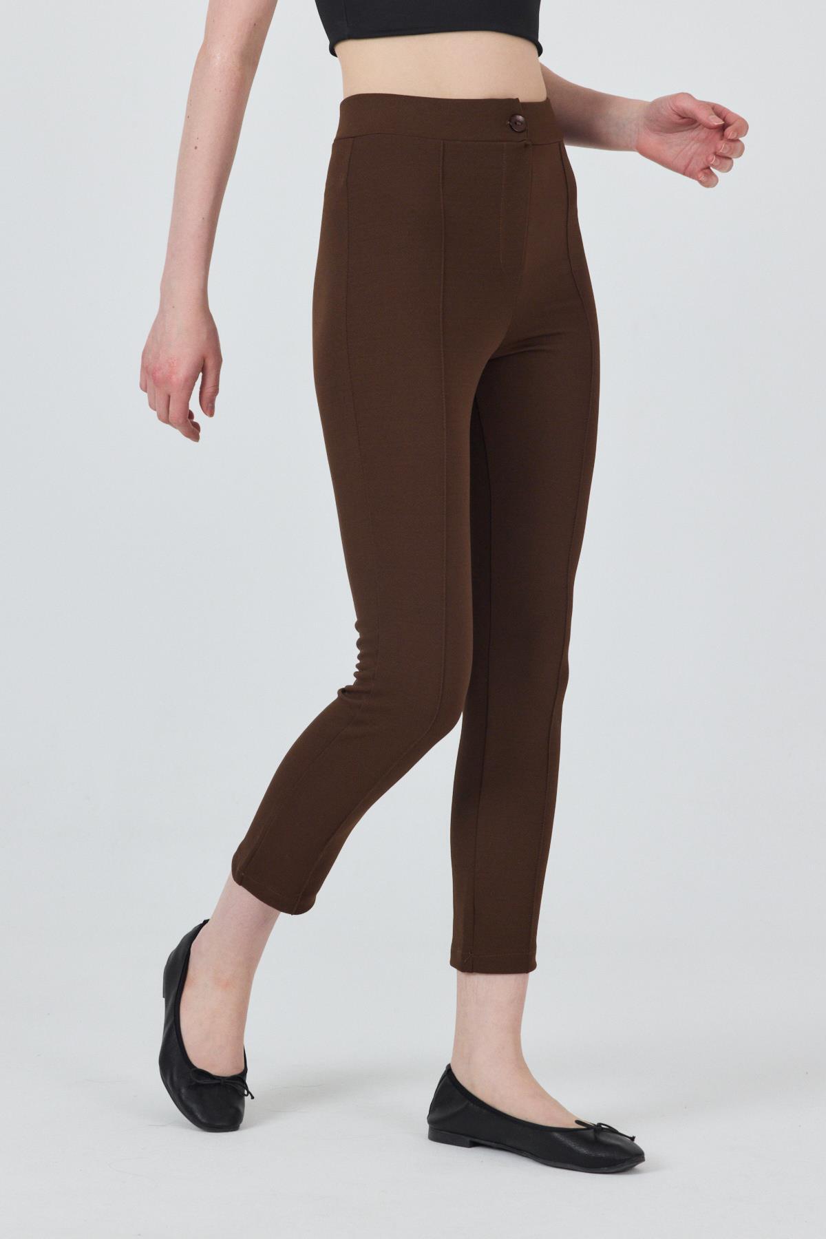 Kahve Yüksek Bel Nervür Dikiş Detaylı Tayt Pantolon 6875A - 6