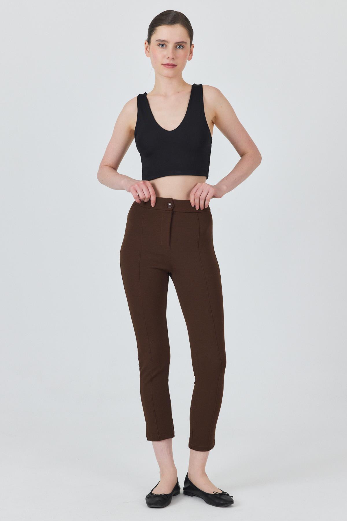 Kahve Yüksek Bel Nervür Dikiş Detaylı Tayt Pantolon 6875A - 2