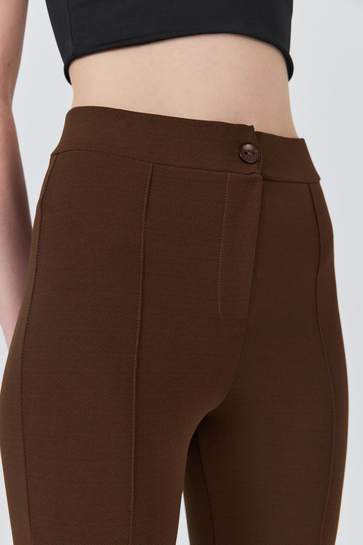 Kahve Yüksek Bel Nervür Dikiş Detaylı Tayt Pantolon 6875A - 4