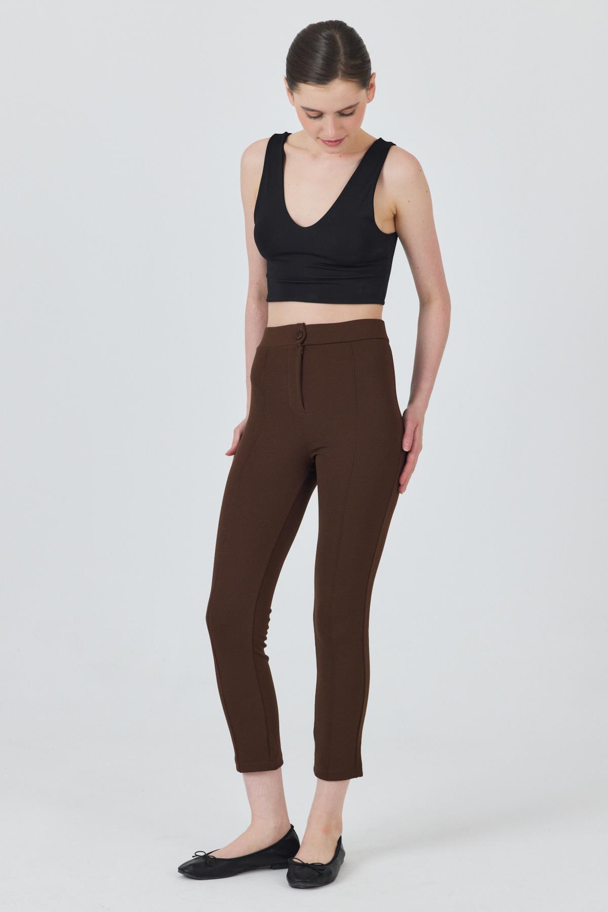 Kahve Yüksek Bel Nervür Dikiş Detaylı Tayt Pantolon 6875A - 7