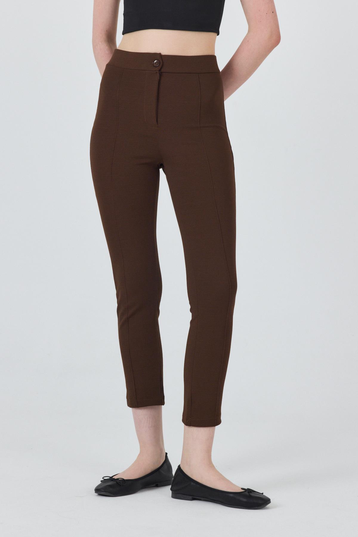 Kahve Yüksek Bel Nervür Dikiş Detaylı Tayt Pantolon 6875A - 3