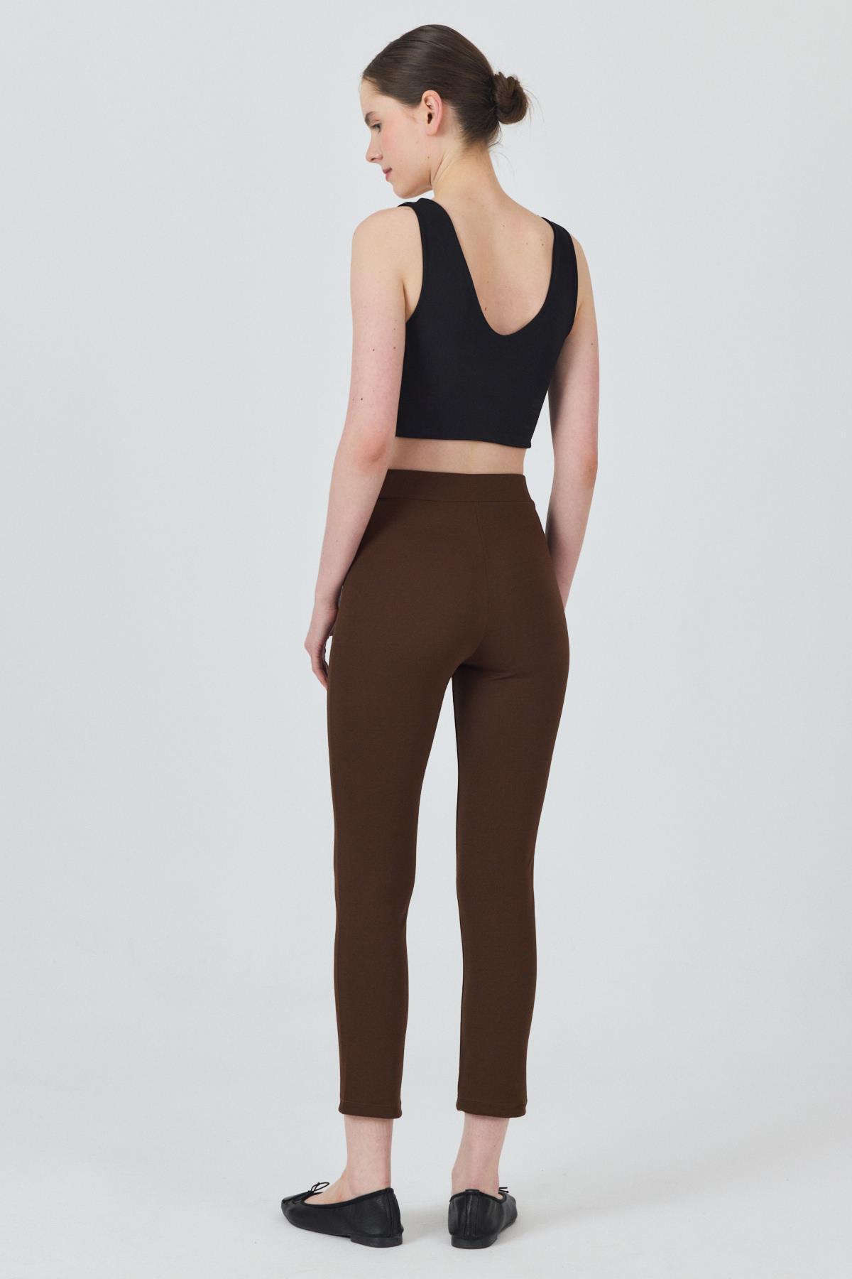 Kahve Yüksek Bel Nervür Dikiş Detaylı Tayt Pantolon 6875A - 5