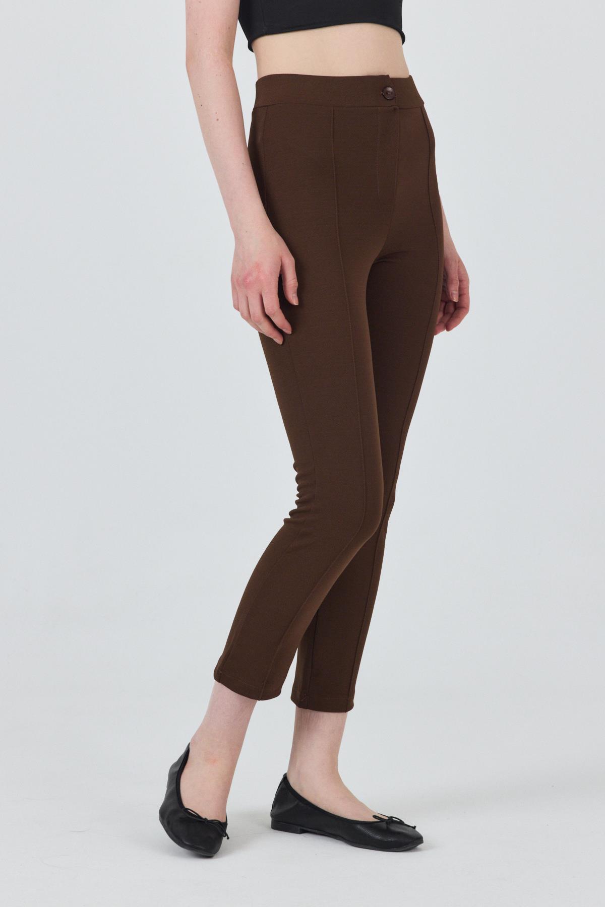 Kahve Yüksek Bel Nervür Dikiş Detaylı Tayt Pantolon 6875A - 8