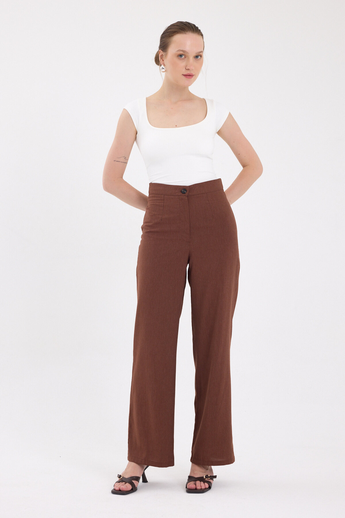 Kahve Yüksek Bel Palazzo Kadın Pantolon 8021A 