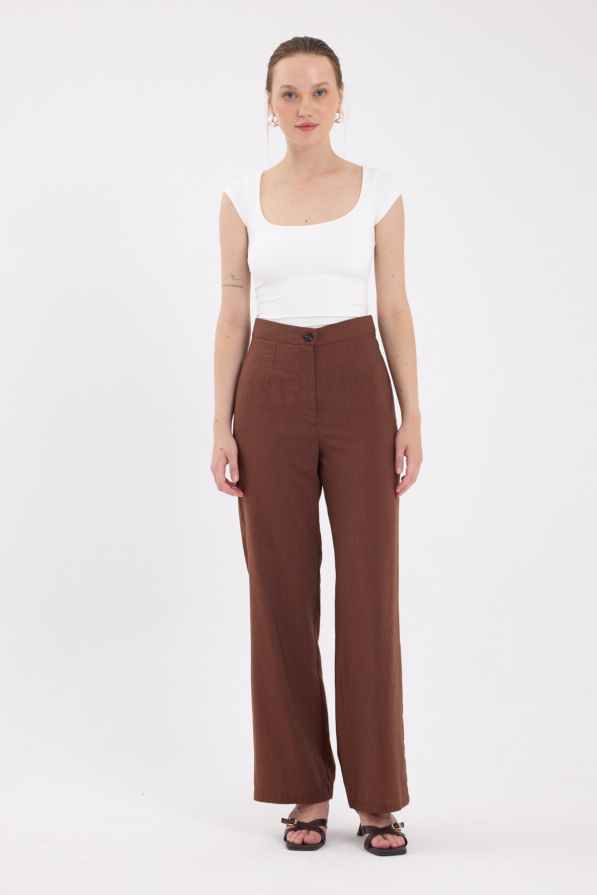 Kahve Yüksek Bel Palazzo Kadın Pantolon 8021A - 2