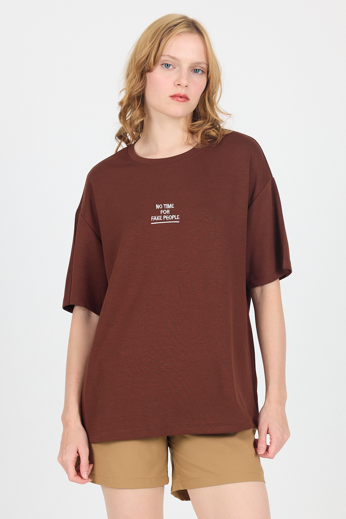 Kahve Yumuşak Dokulu Yazı Baskılı Oversize Tişört 6265 - 2