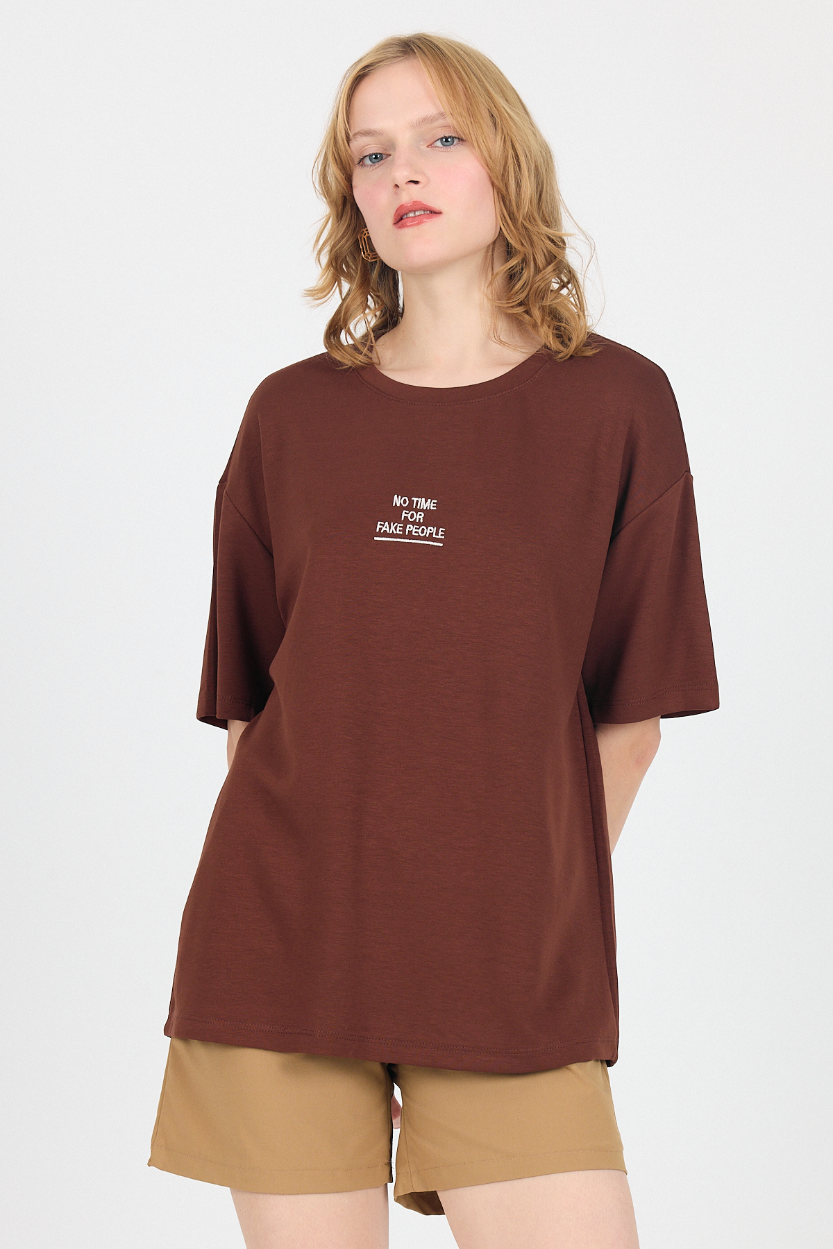 Kahve Yumuşak Dokulu Yazı Baskılı Oversize Tişört 6265 - 6