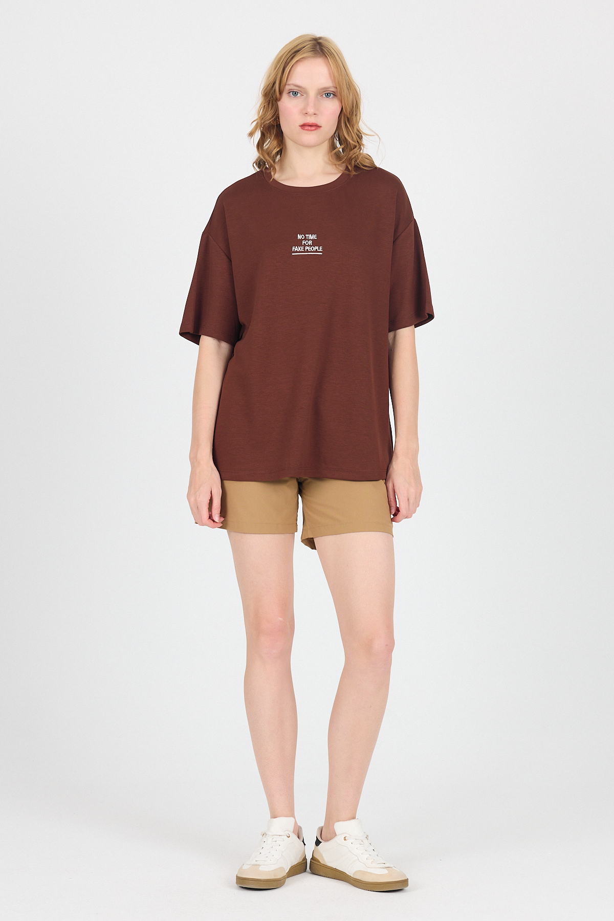 Kahve Yumuşak Dokulu Yazı Baskılı Oversize Tişört 6265 - 3