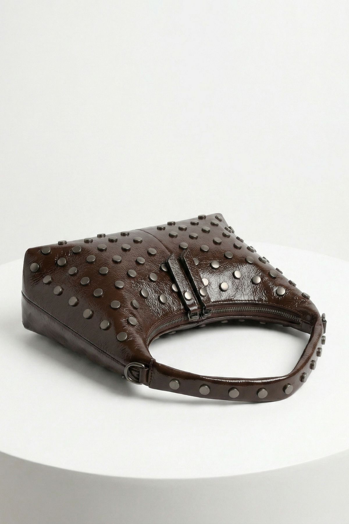 Kahve Zımba Detay Oval Çanta 9232 - 1