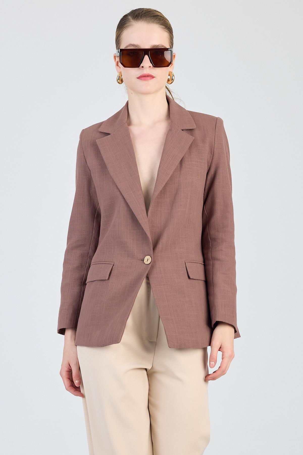 Kahverengi Keten Görünümlü %100 Pamuk Astarlı Blazer Ceket 6023-3 - 2
