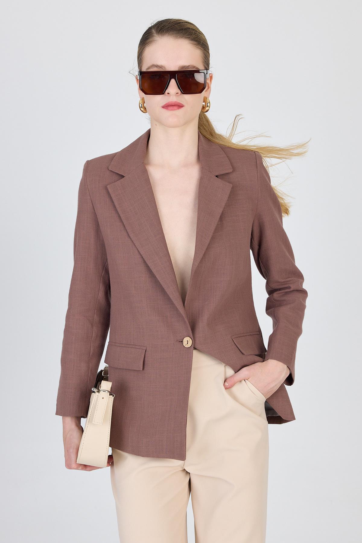 Kahverengi Keten Görünümlü %100 Pamuk Astarlı Blazer Ceket 6023-3 - RAYS