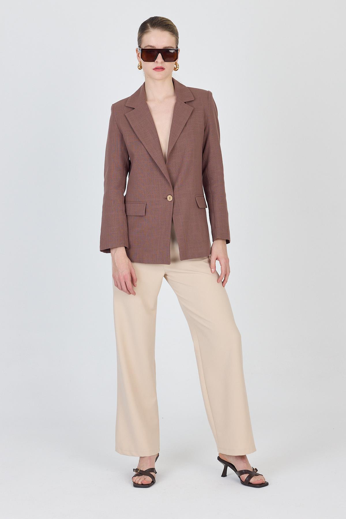 Kahverengi Keten Görünümlü %100 Pamuk Astarlı Blazer Ceket 6023-3 - RAYS
