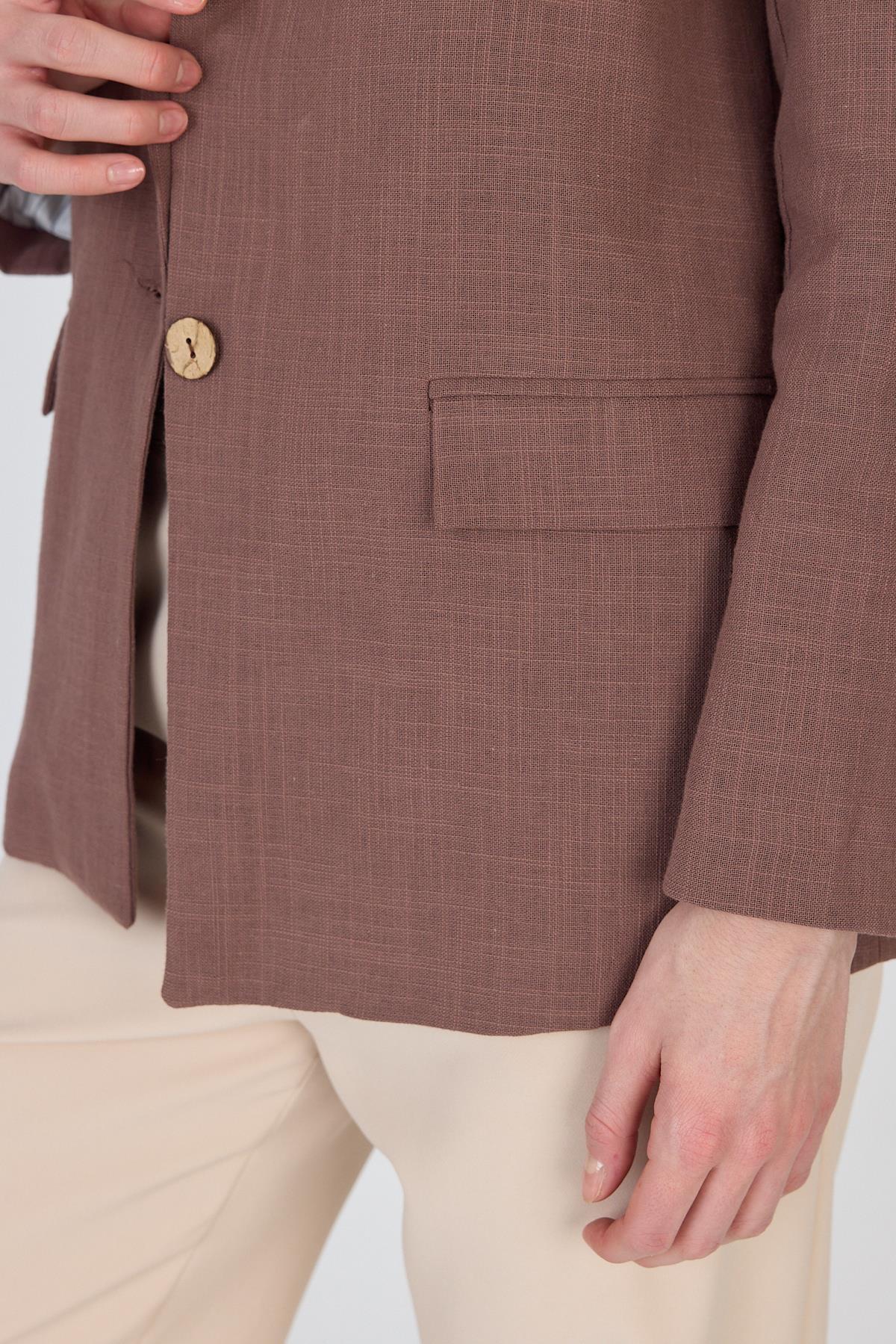 Kahverengi Keten Görünümlü %100 Pamuk Astarlı Blazer Ceket 6023-3 - 4