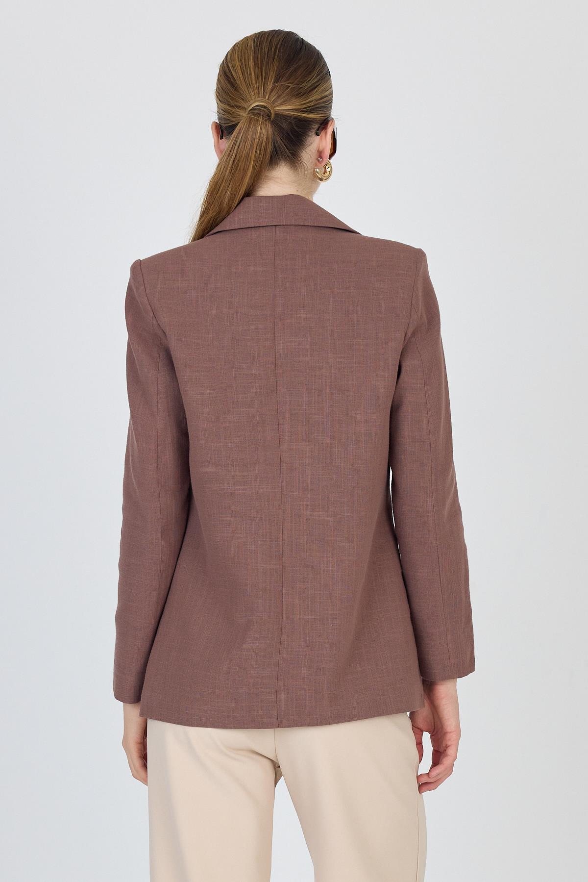 Kahverengi Keten Görünümlü %100 Pamuk Astarlı Blazer Ceket 6023-3 - 5