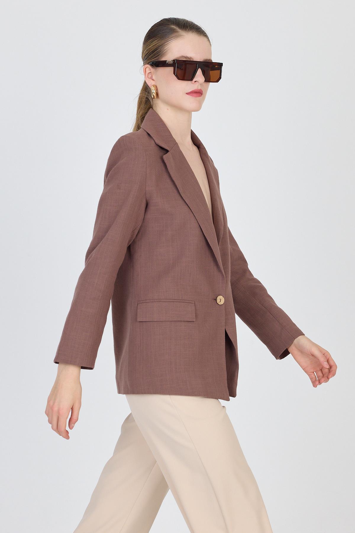 Kahverengi Keten Görünümlü %100 Pamuk Astarlı Blazer Ceket 6023-3 - 8