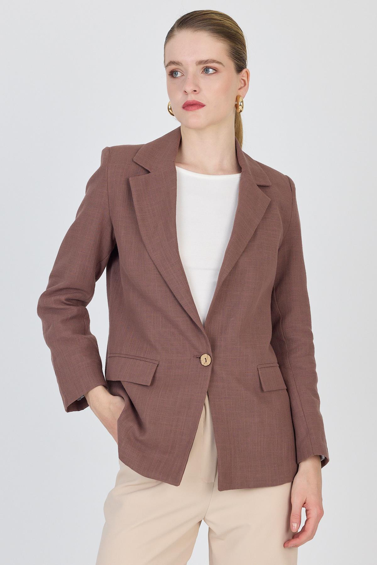 Kahverengi Keten Görünümlü %100 Pamuk Astarlı Blazer Ceket 6023-3 - 6