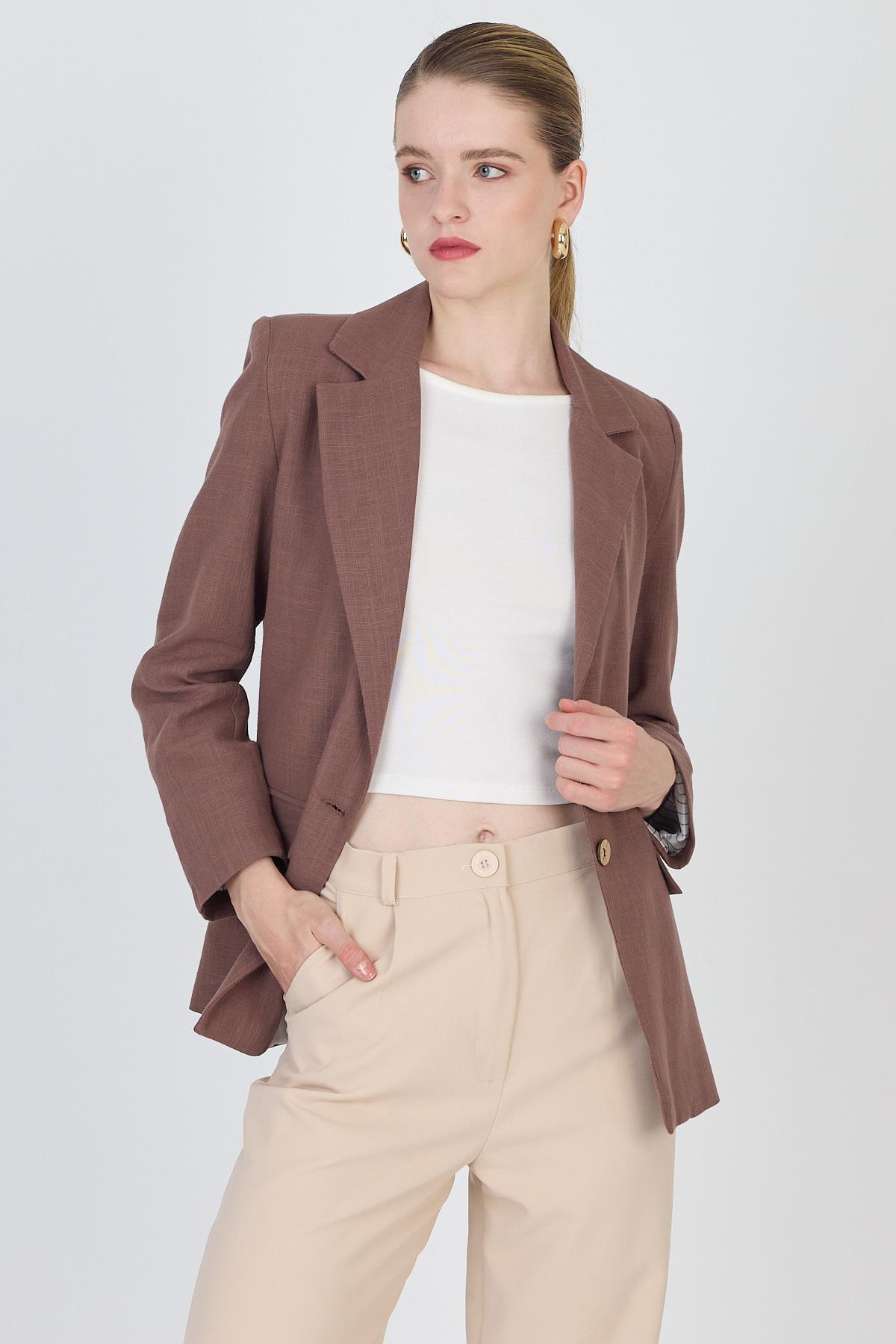 Kahverengi Keten Görünümlü %100 Pamuk Astarlı Blazer Ceket 6023-3 - 7