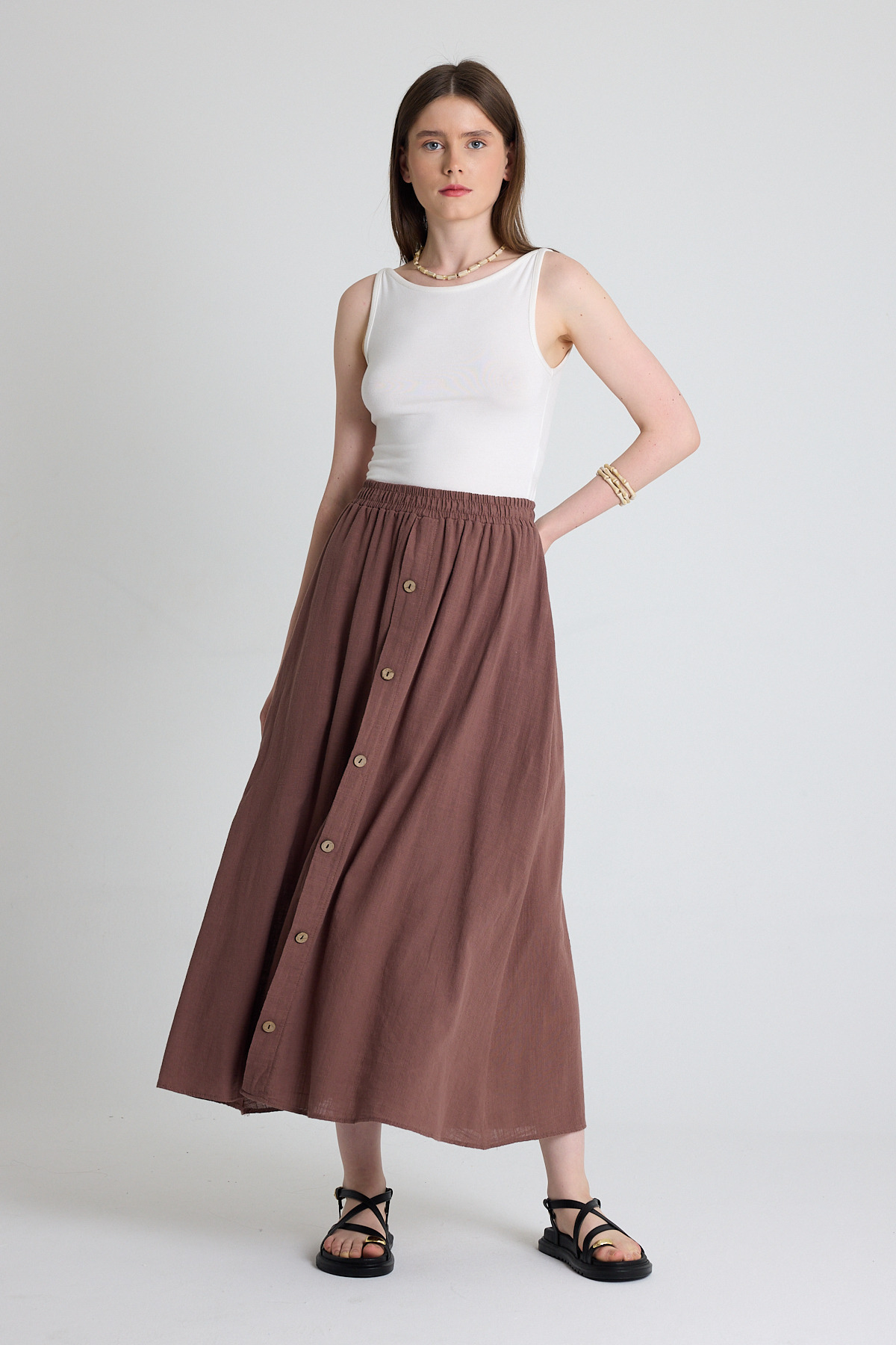 Kahverengi Keten Görünümlü %100 Pamuk Düğmeli Midi Etek 3419 - RAYS