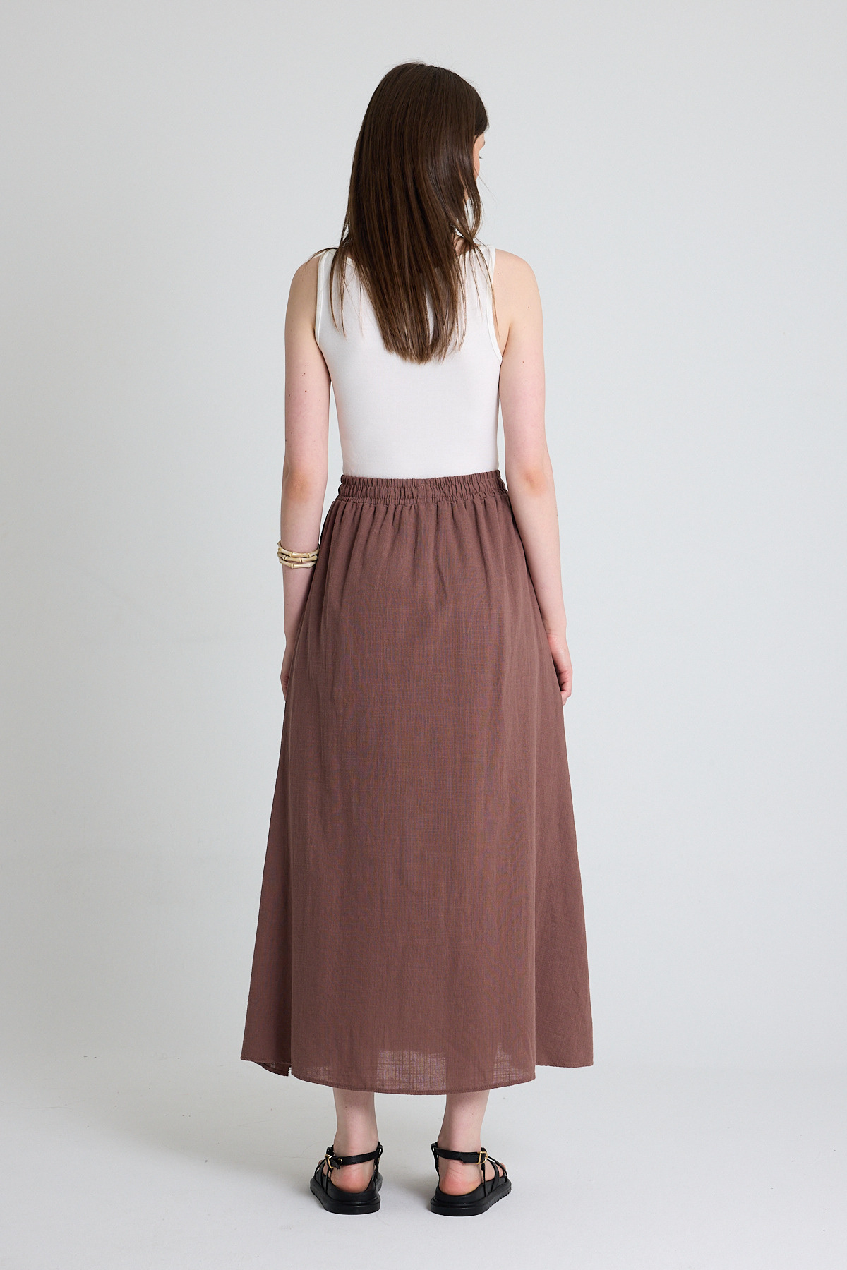 Kahverengi Keten Görünümlü %100 Pamuk Düğmeli Midi Etek 3419 - 5