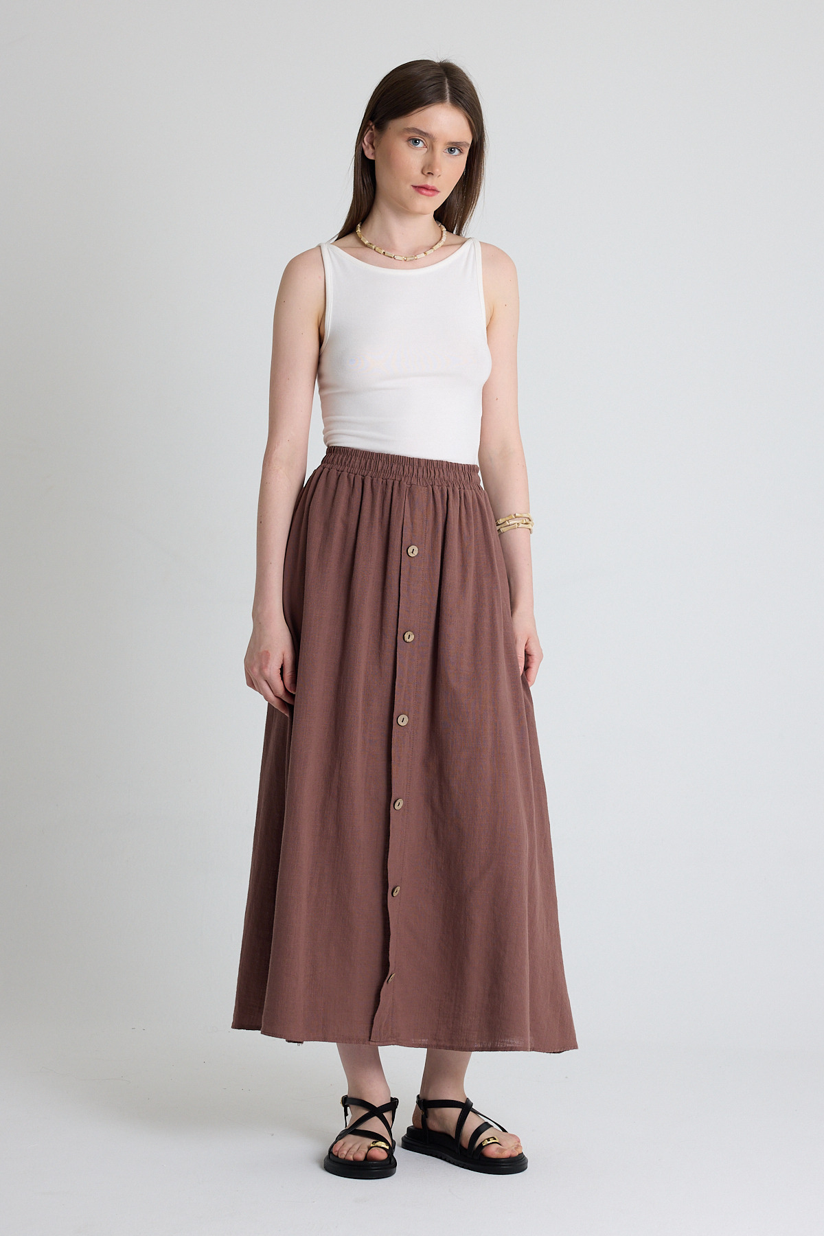 Kahverengi Keten Görünümlü %100 Pamuk Düğmeli Midi Etek 3419 - 1