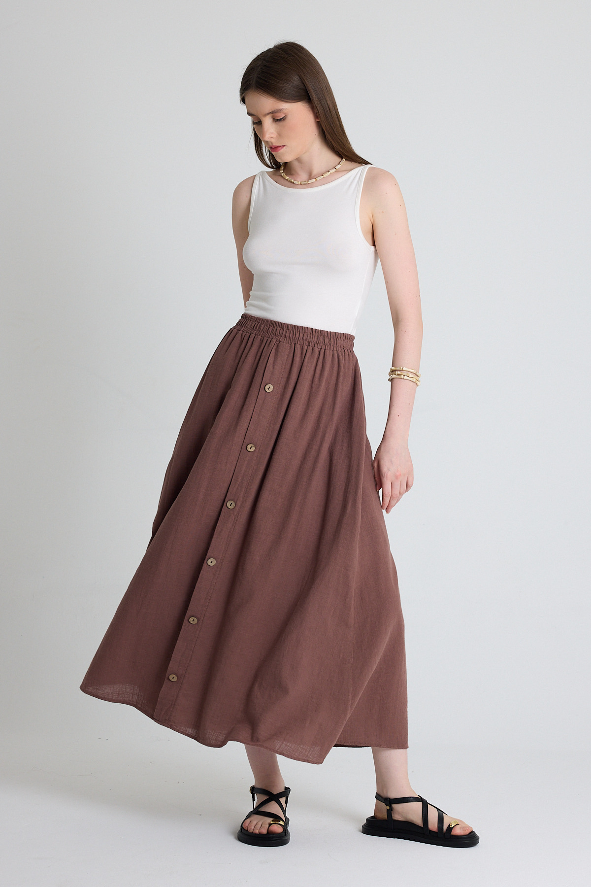 Kahverengi Keten Görünümlü %100 Pamuk Düğmeli Midi Etek 3419 - 3