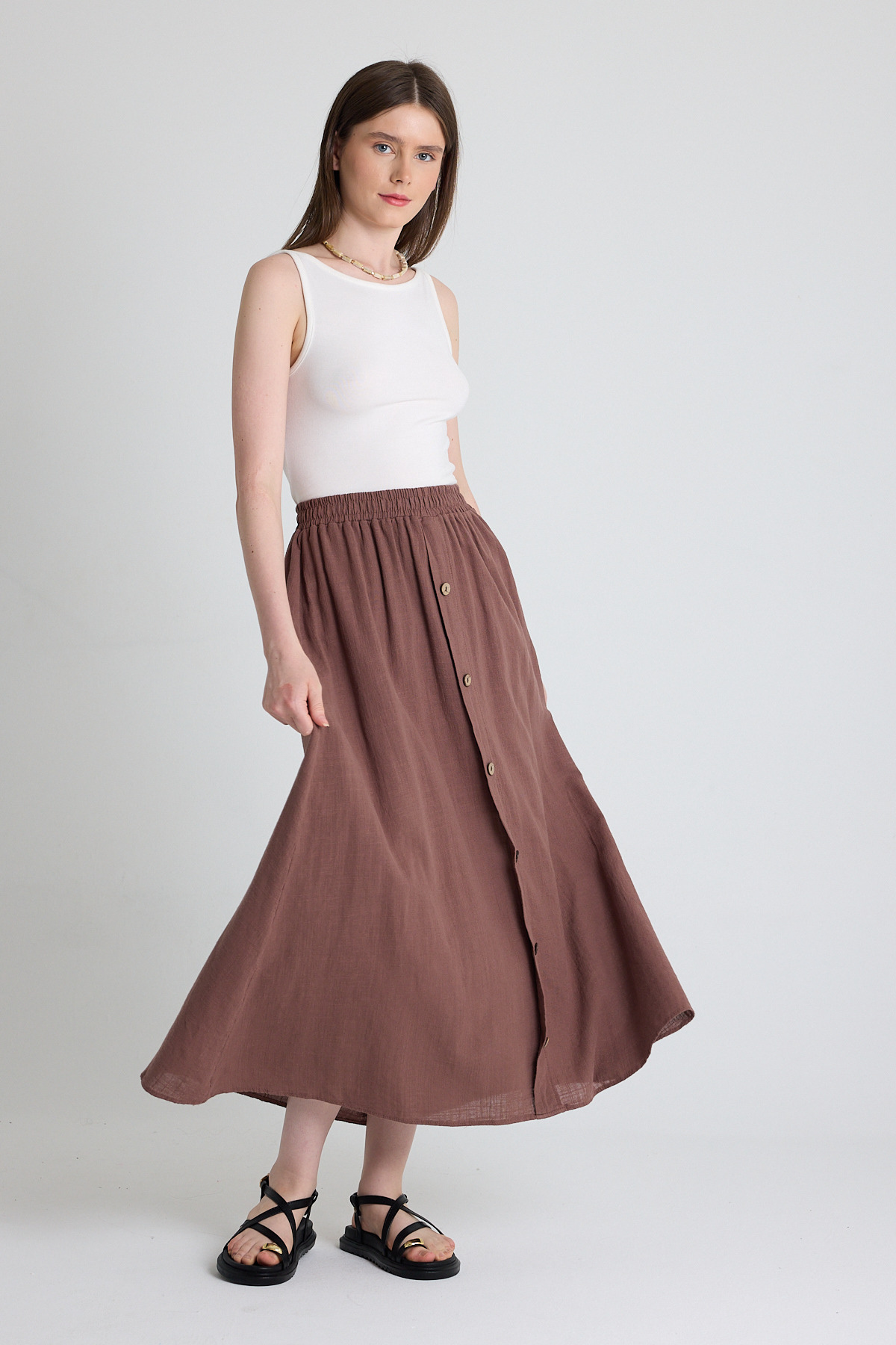 Kahverengi Keten Görünümlü %100 Pamuk Düğmeli Midi Etek 3419 - 4