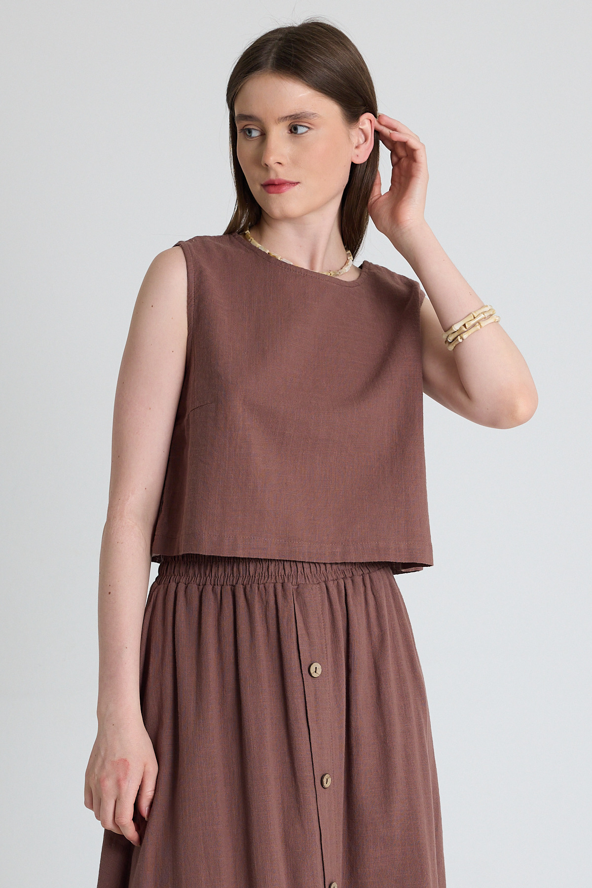 Kahverengi Keten Görünümlü %100 Pamuk Kolsuz Crop Bluz 3419-1 - 5