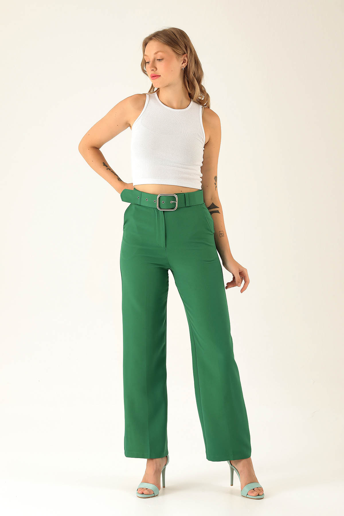 Kalın Bayan Kemer Geniş Paça Bayan Pantolon - 6406A Benetton Yeşili - 2