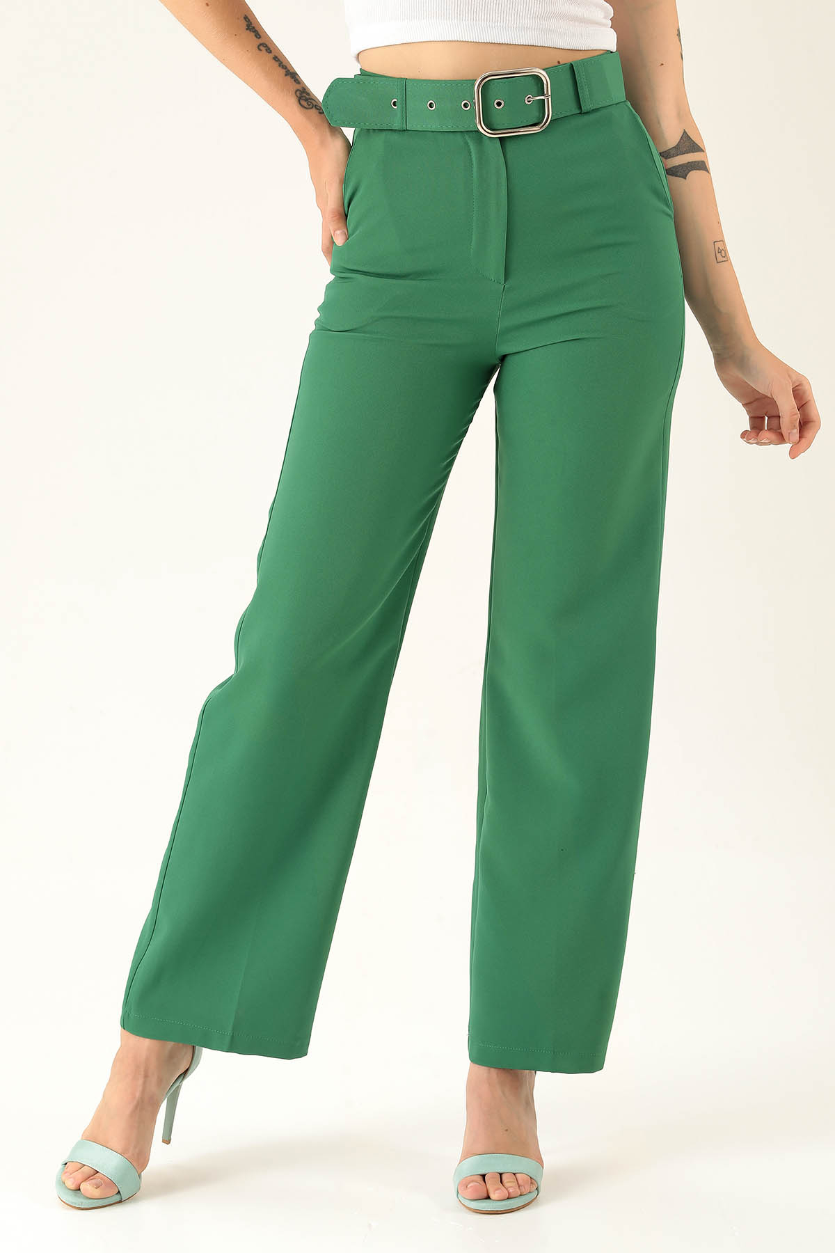 Kalın Bayan Kemer Geniş Paça Bayan Pantolon - 6406A Benetton Yeşili - 3