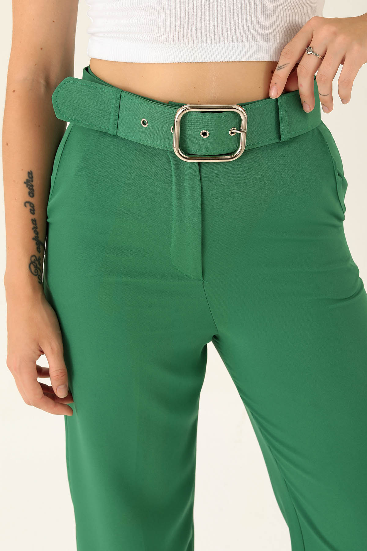 Kalın Bayan Kemer Geniş Paça Bayan Pantolon - 6406A Benetton Yeşili - 6
