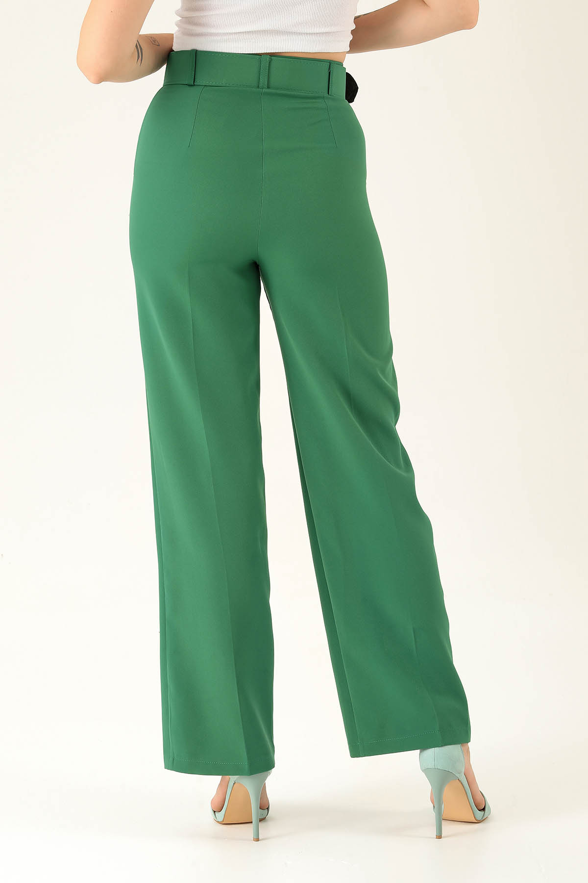 Kalın Bayan Kemer Geniş Paça Bayan Pantolon - 6406A Benetton Yeşili - 5