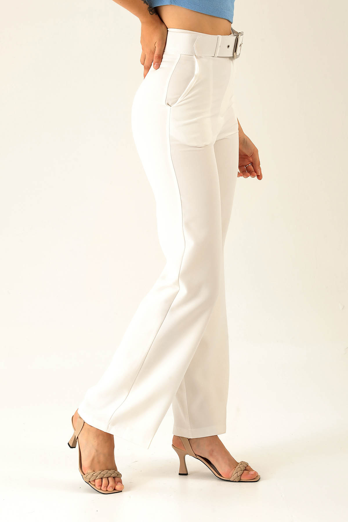 Kalın Bayan Kemer Geniş Paça Bayan Pantolon - 6406A Ekru - 4