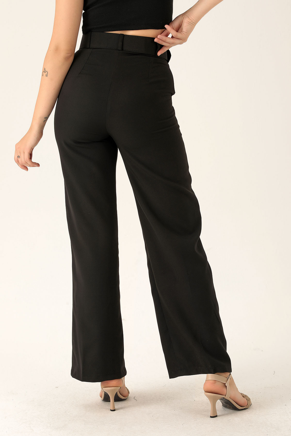 Kalın Bayan Kemer Geniş Paça Bayan Pantolon - 6406A Siyah - 5