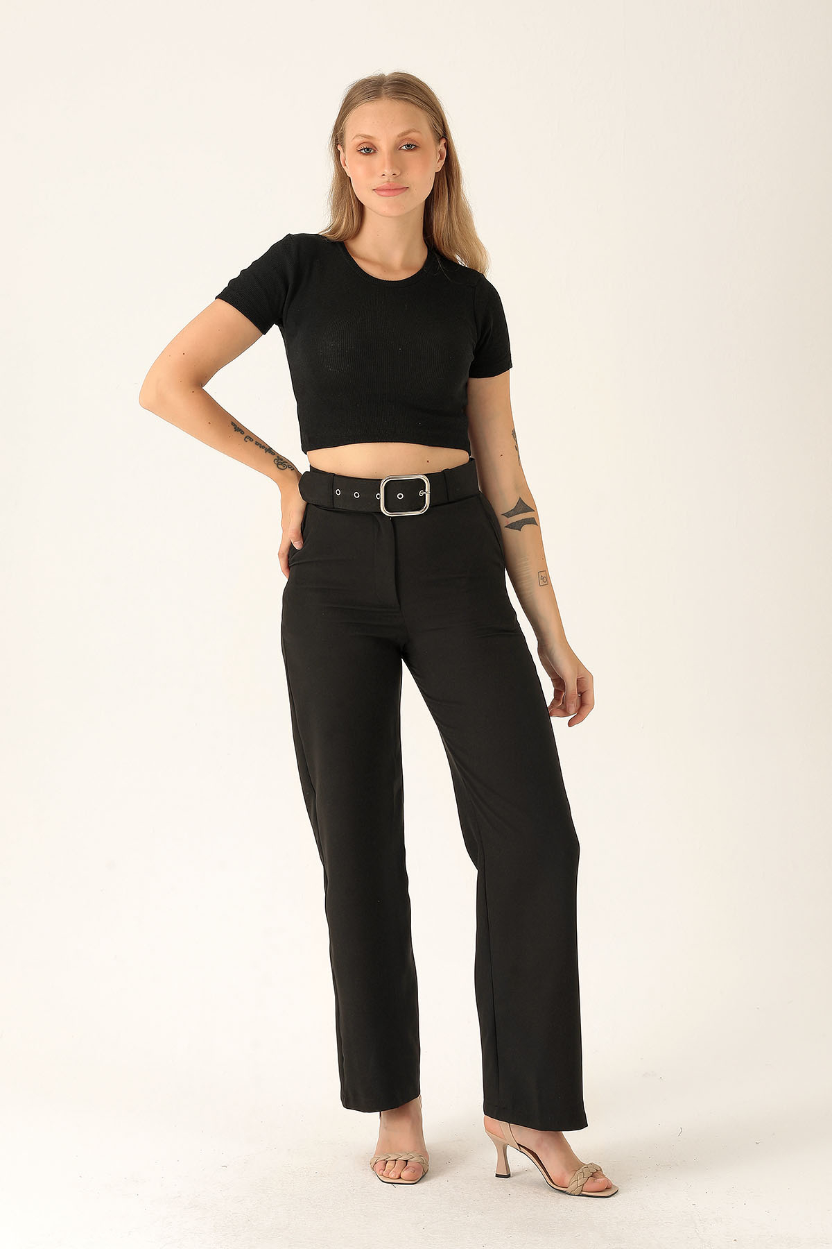 Kalın Bayan Kemer Geniş Paça Bayan Pantolon - 6406A Siyah - 2