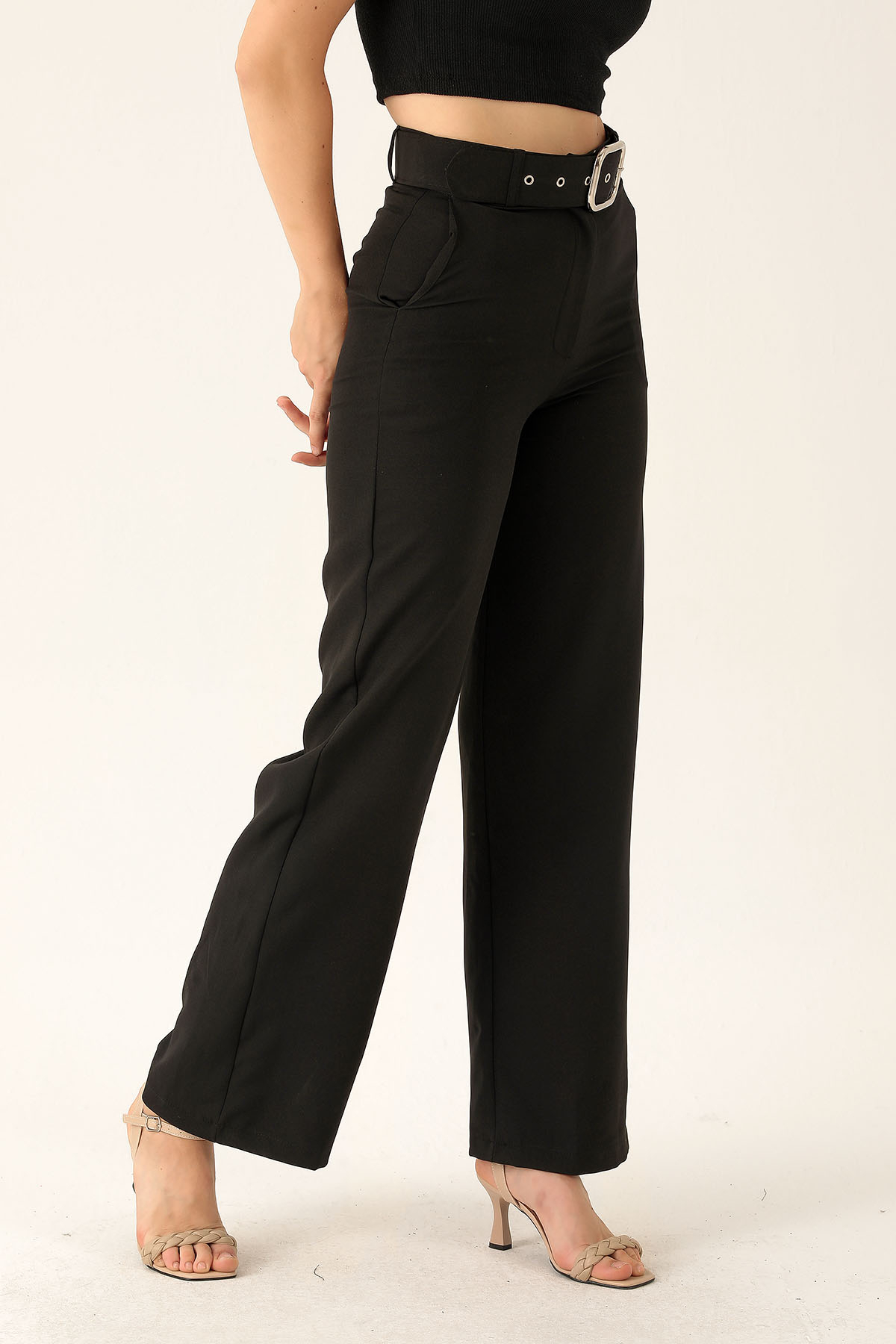 Kalın Bayan Kemer Geniş Paça Bayan Pantolon - 6406A Siyah - 4