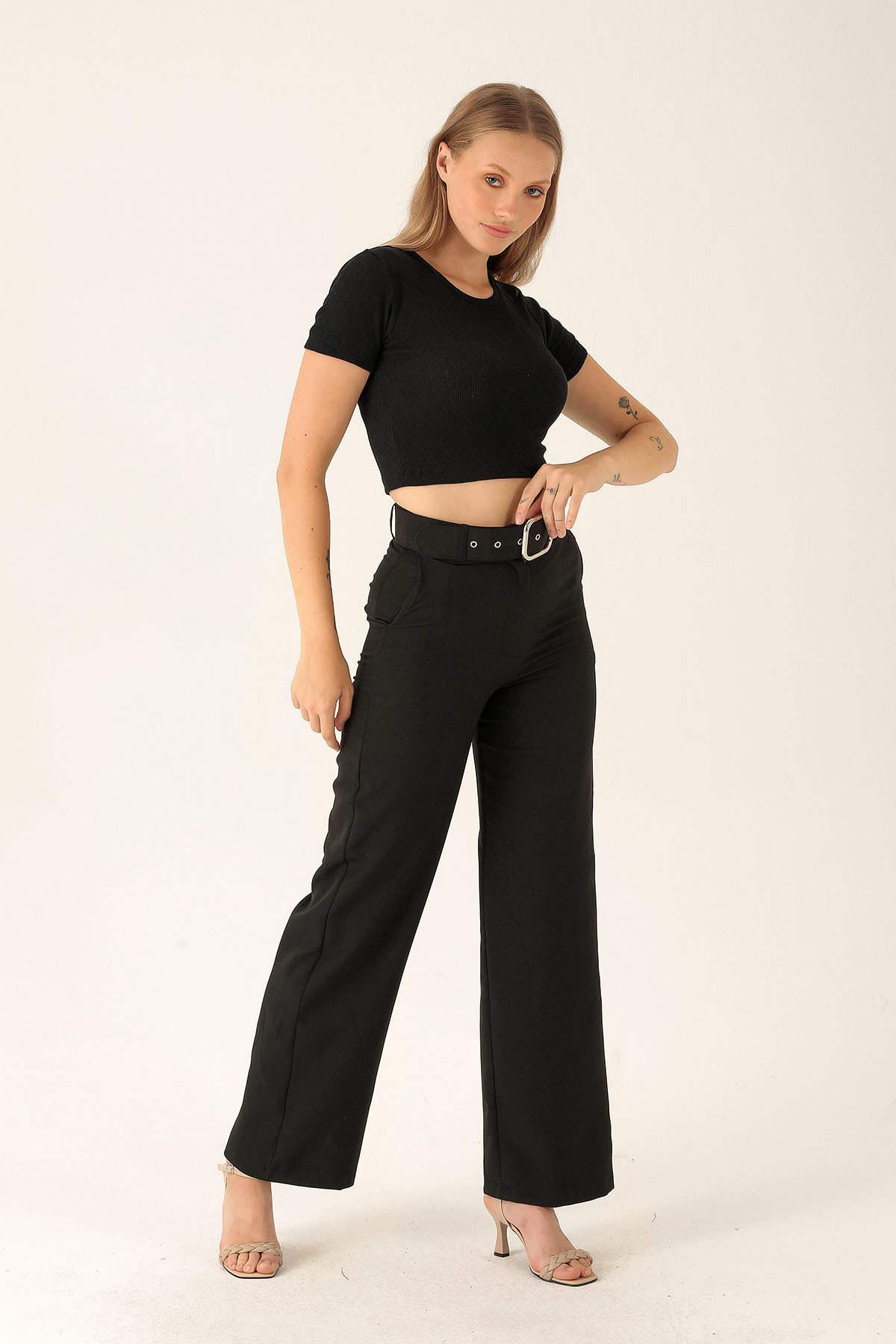 Kalın Bayan Kemer Geniş Paça Bayan Pantolon - 6406A Siyah 