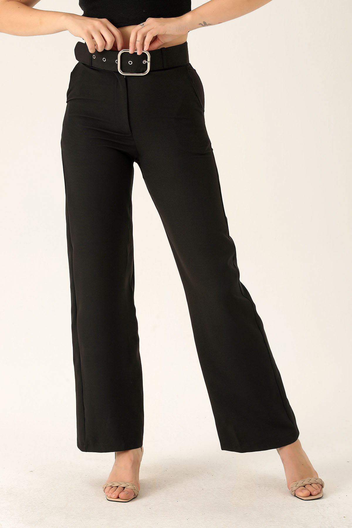 Kalın Bayan Kemer Geniş Paça Bayan Pantolon - 6406A Siyah - 3
