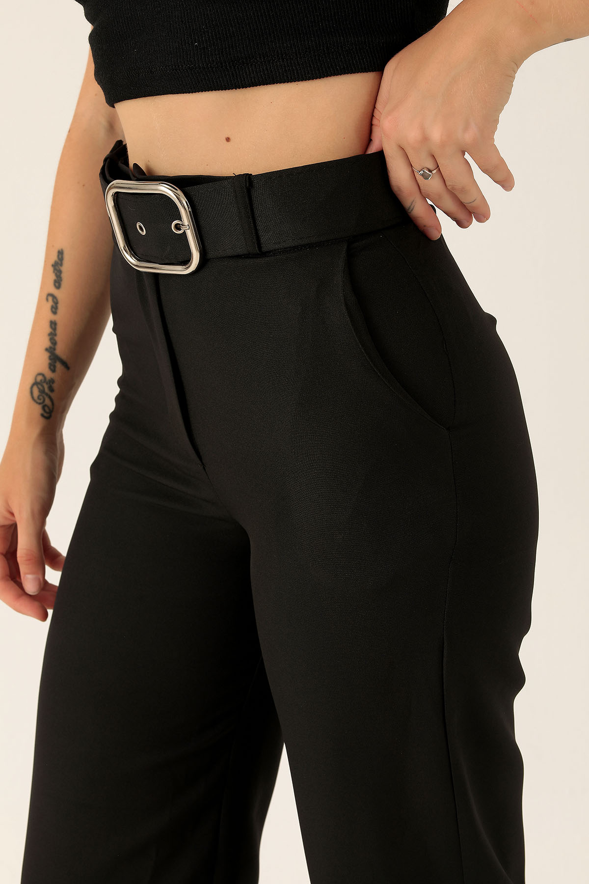 Kalın Bayan Kemer Geniş Paça Bayan Pantolon - 6406A Siyah - 6