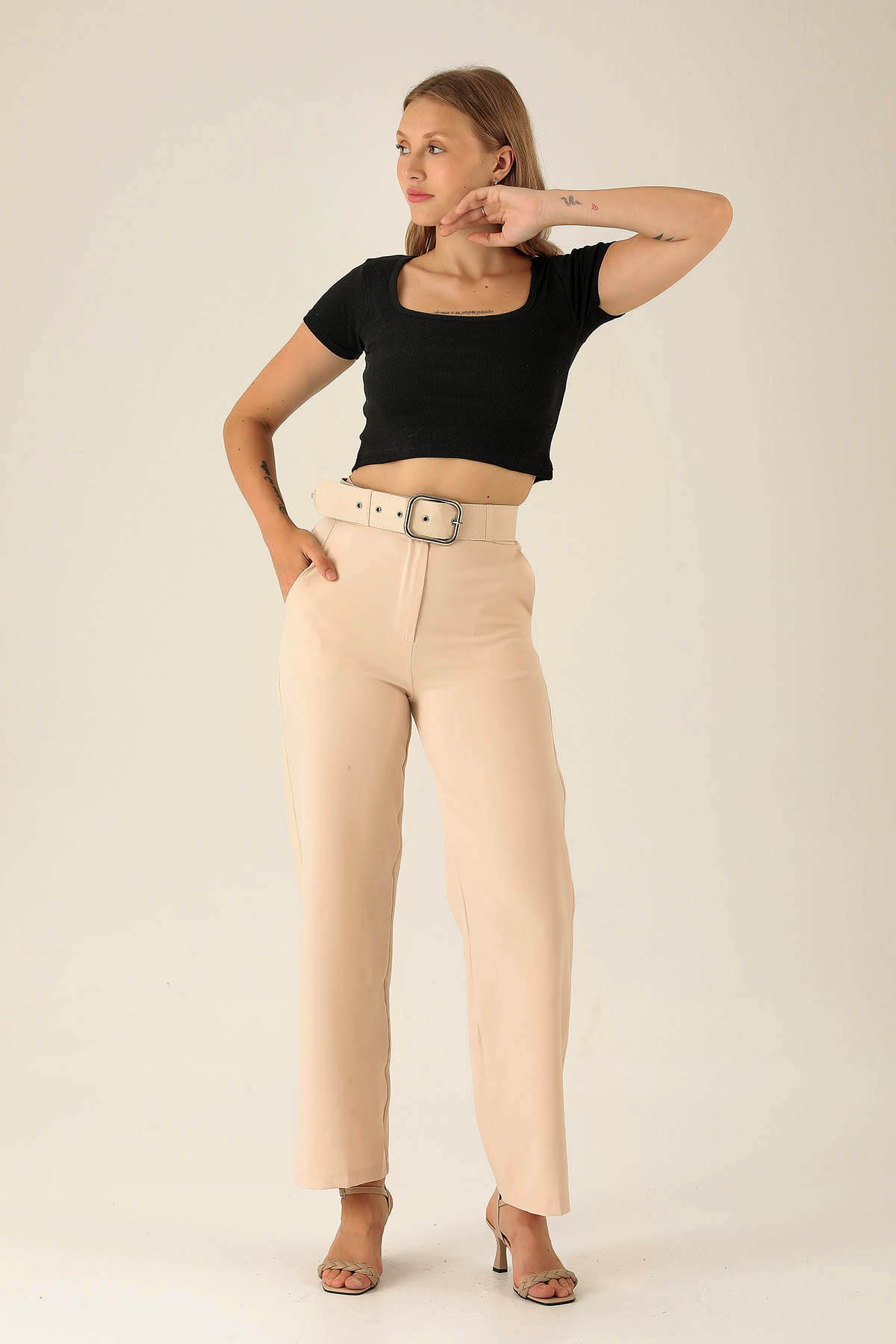 Kalın Bayan Kemer Geniş Paça Bayan Pantolon - 6406A Taş - 2