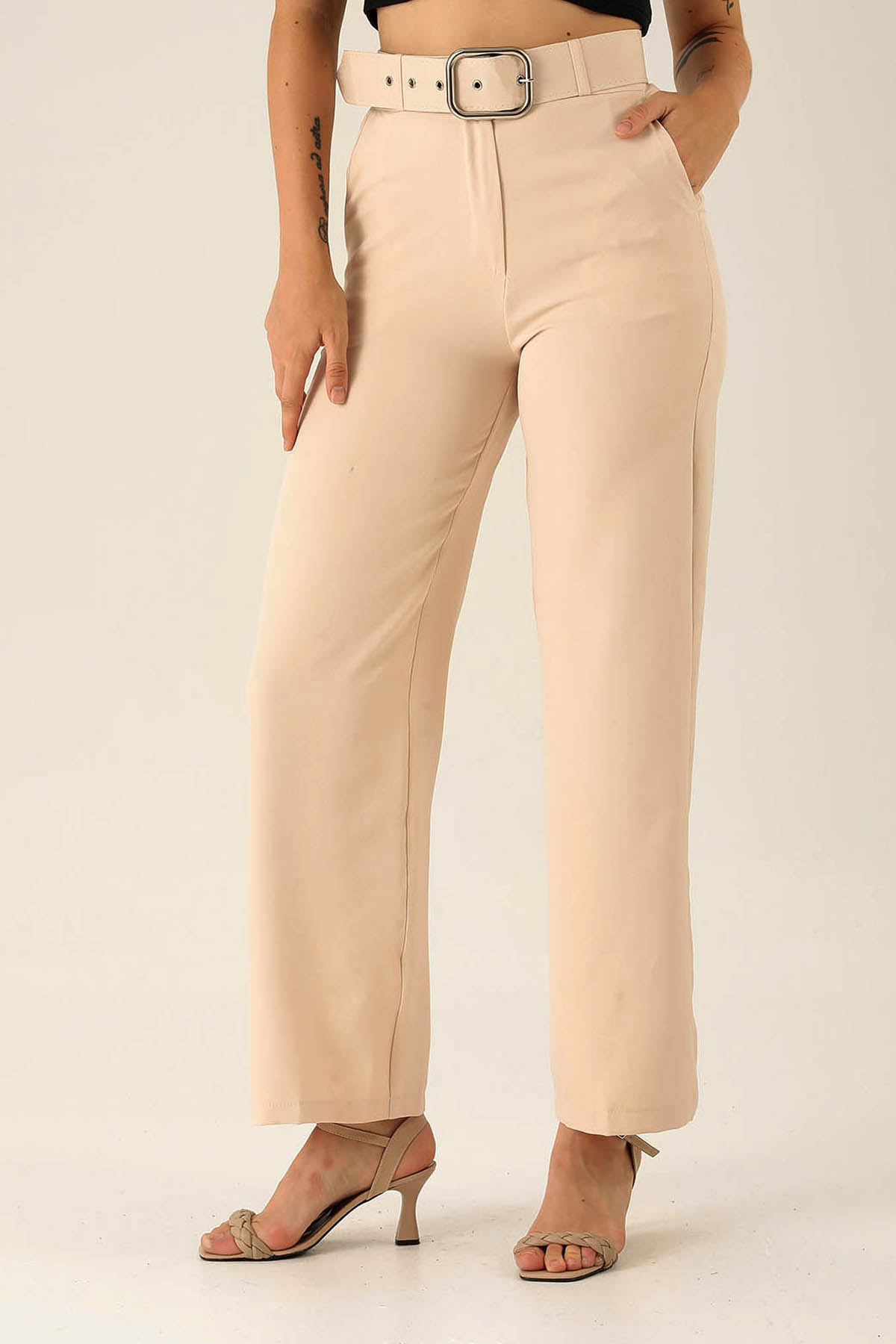 Kalın Bayan Kemer Geniş Paça Bayan Pantolon - 6406A Taş - 3