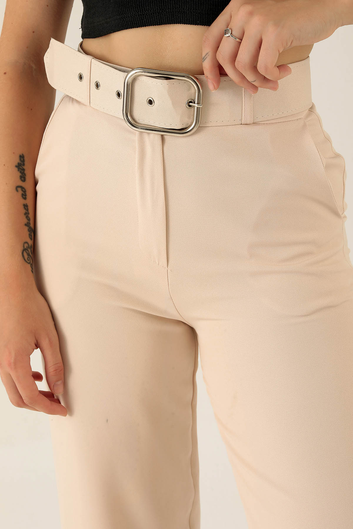 Kalın Bayan Kemer Geniş Paça Bayan Pantolon - 6406A Taş - 6