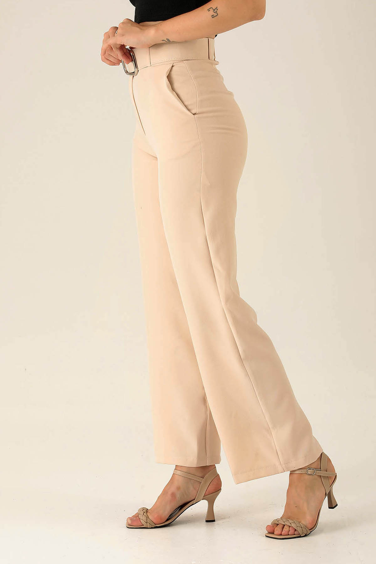 Kalın Bayan Kemer Geniş Paça Bayan Pantolon - 6406A Taş - 4
