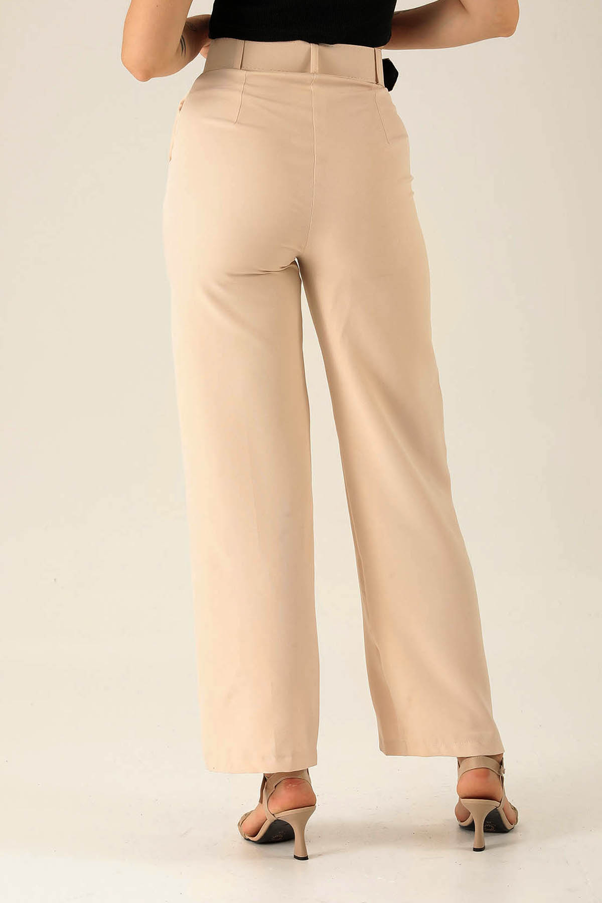 Kalın Bayan Kemer Geniş Paça Bayan Pantolon - 6406A Taş - 5